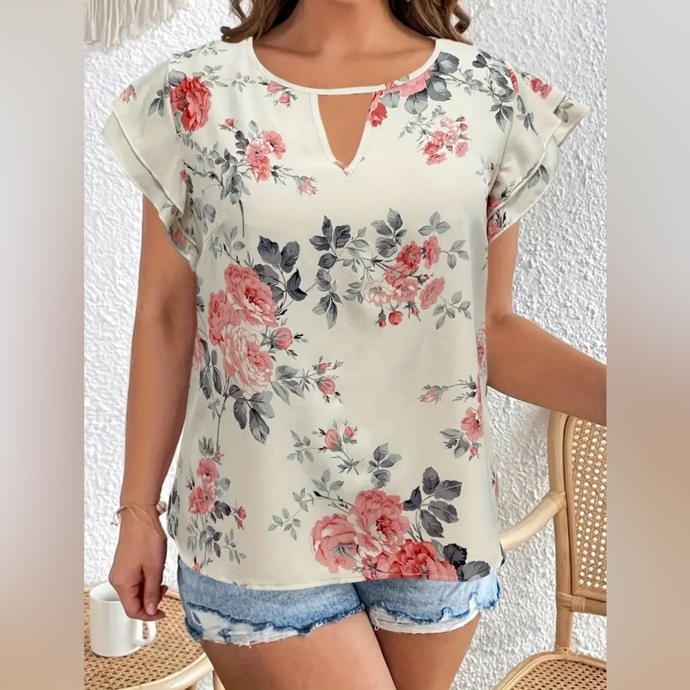 2X Plus Size Floral Print Blouse Casual Cut Out Ruffle Sleeve Blouse For… - Picture 1 of 4